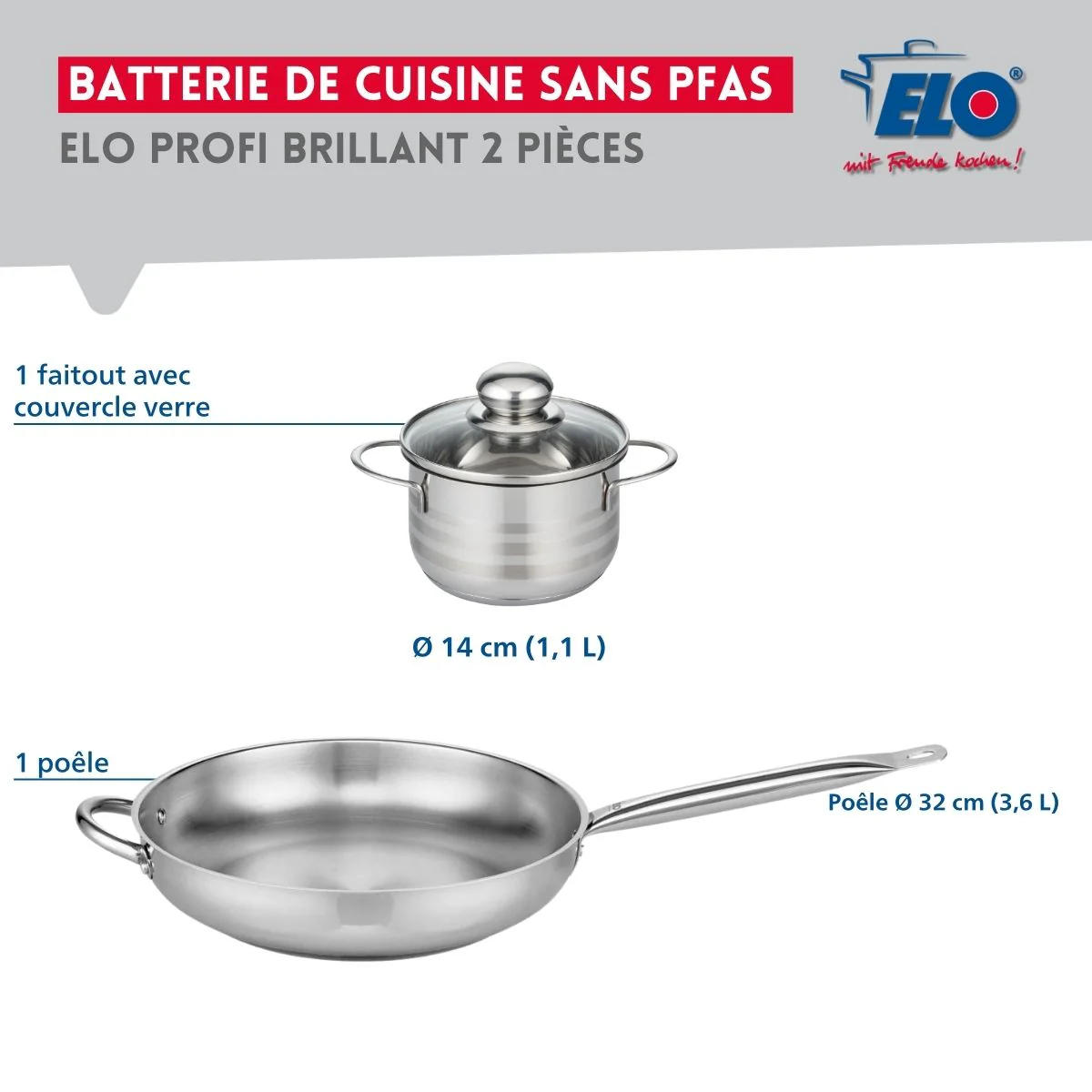 Ensemble de 1 Poêle de cuisson 32 cm et 1 faitout 14 cm Elo Profi Brillant - Image 2