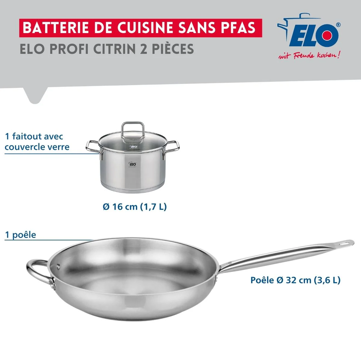 Ensemble de 1 Poêle de cuisson 32 cm et 1 faitout 16 cm Elo Profi Citrin - Image 2