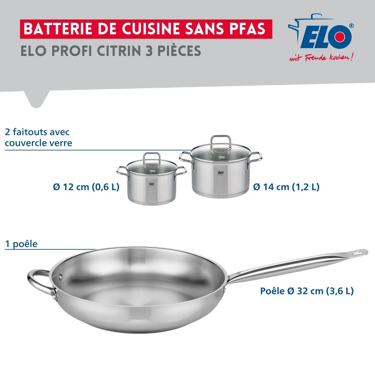 Ensemble de 1 Poêle de cuisson 32 cm et 2 faitouts 12 et 14 cm Elo Profi Citrin - Image 2