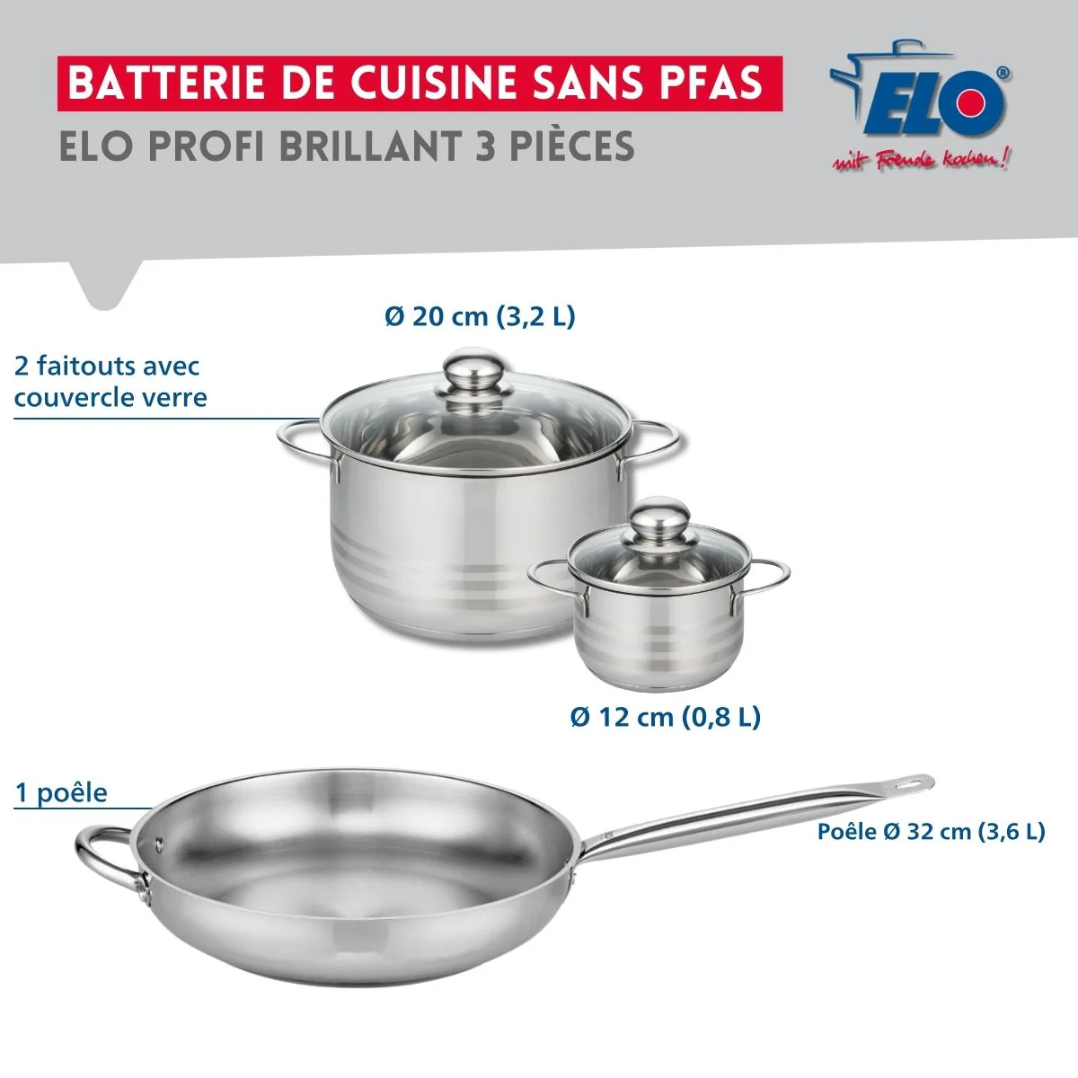 Ensemble de 1 Poêle de cuisson 32 cm et 2 faitouts 12 et 20 cm Elo Profi Brillant - Image 2