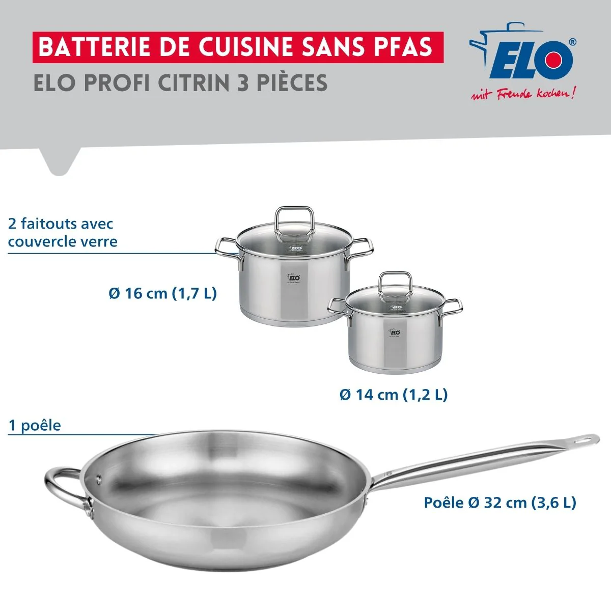 Ensemble de 1 Poêle de cuisson 32 cm et 2 faitouts 14 et 16 cm Elo Profi Citrin - Image 2