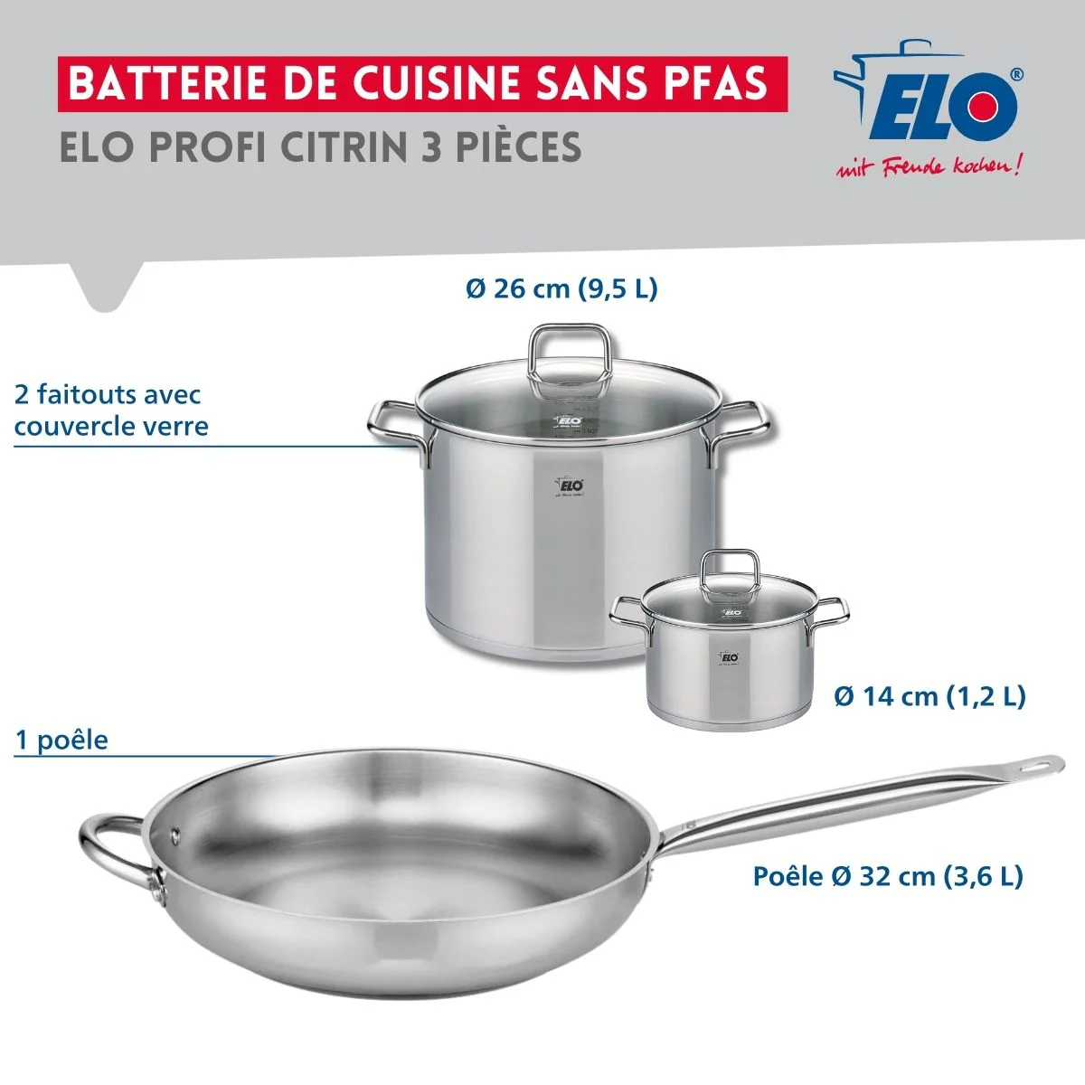 Ensemble de 1 Poêle de cuisson 32 cm et 2 faitouts 14 et 26 cm Elo Profi Citrin - Image 2