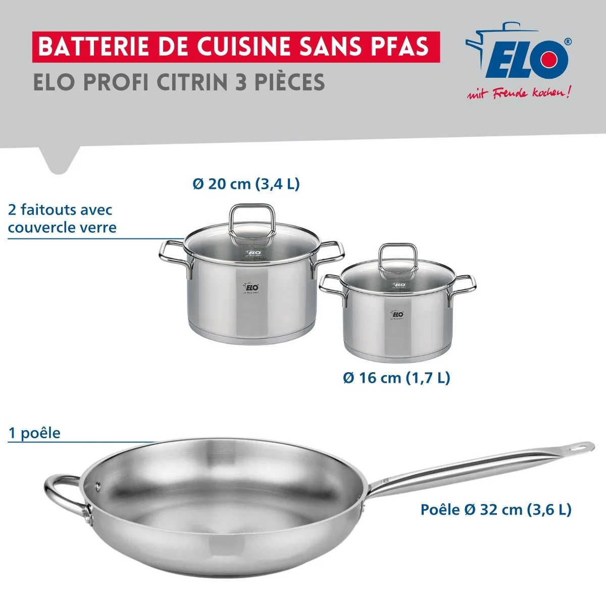 Ensemble de 1 Poêle de cuisson 32 cm et 2 faitouts 16 et 20 cm Elo Profi Citrin - Image 2