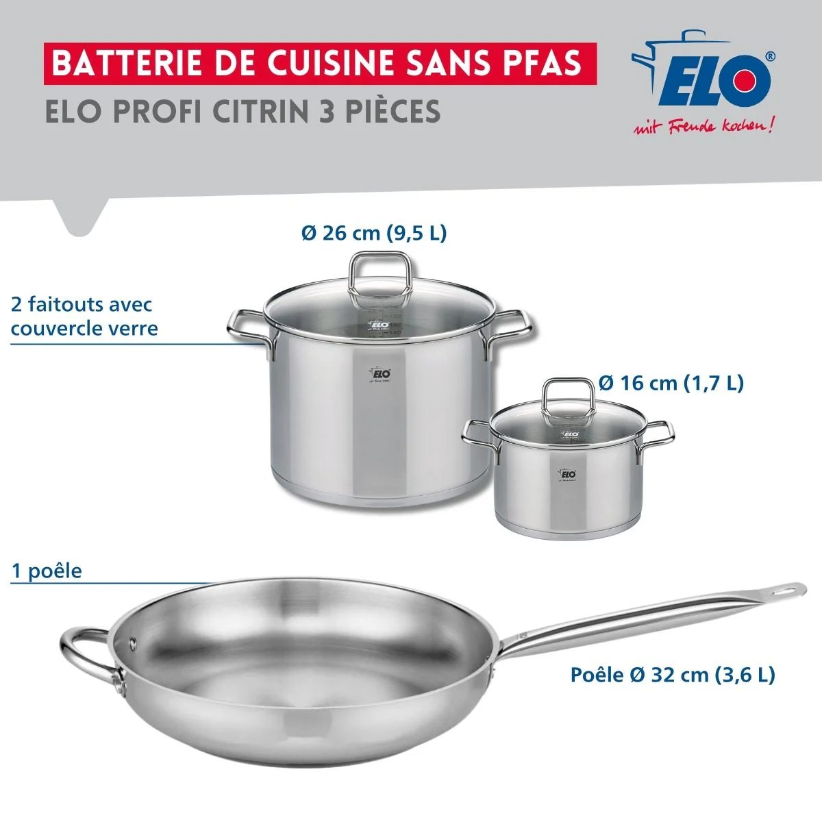 Ensemble de 1 Poêle de cuisson 32 cm et 2 faitouts 16 et 26 cm Elo Profi Citrin - Image 2