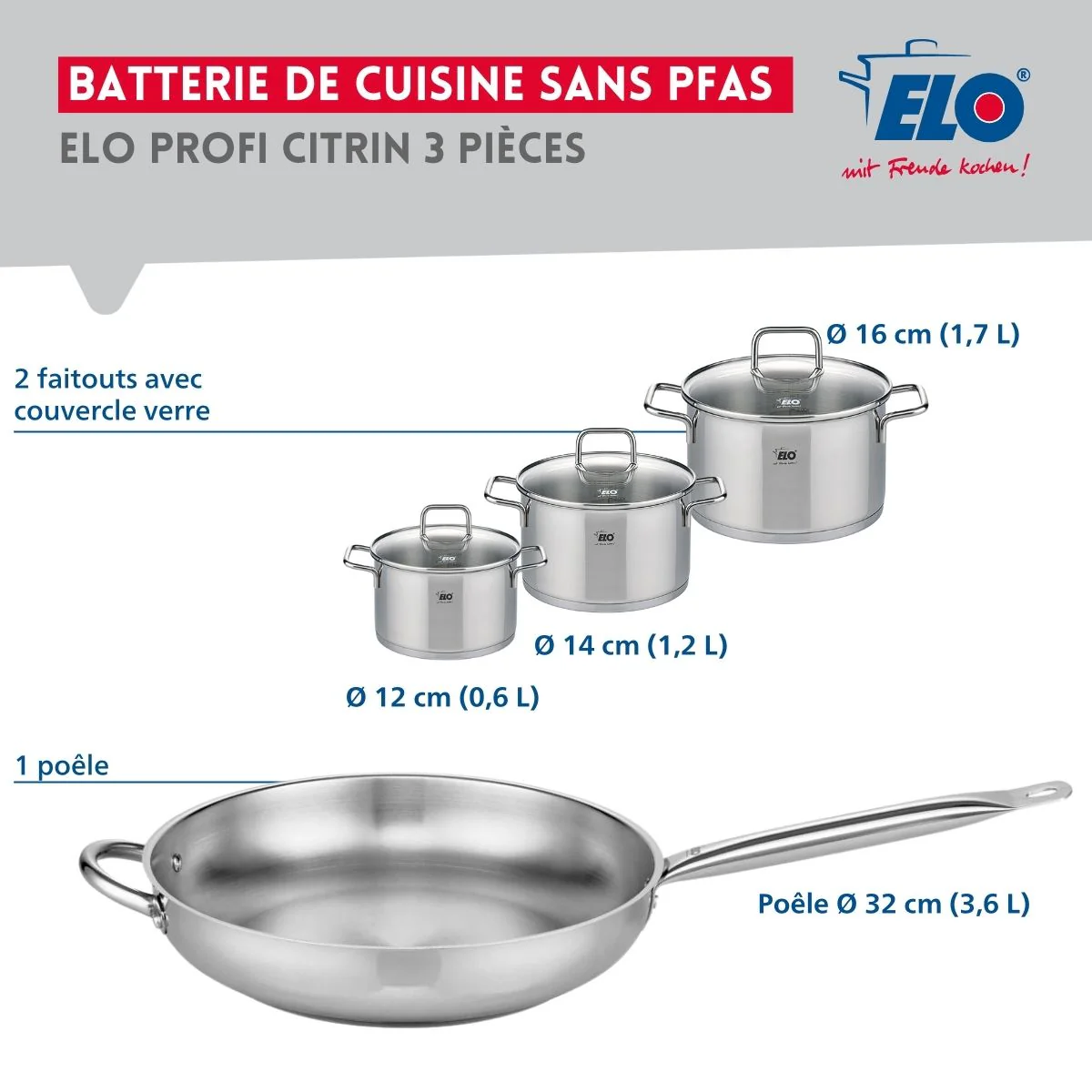 Ensemble de 1 Poêle de cuisson 32 cm et 3 faitouts 12, 14 et 16 cm Elo Profi Citrin - Image 2