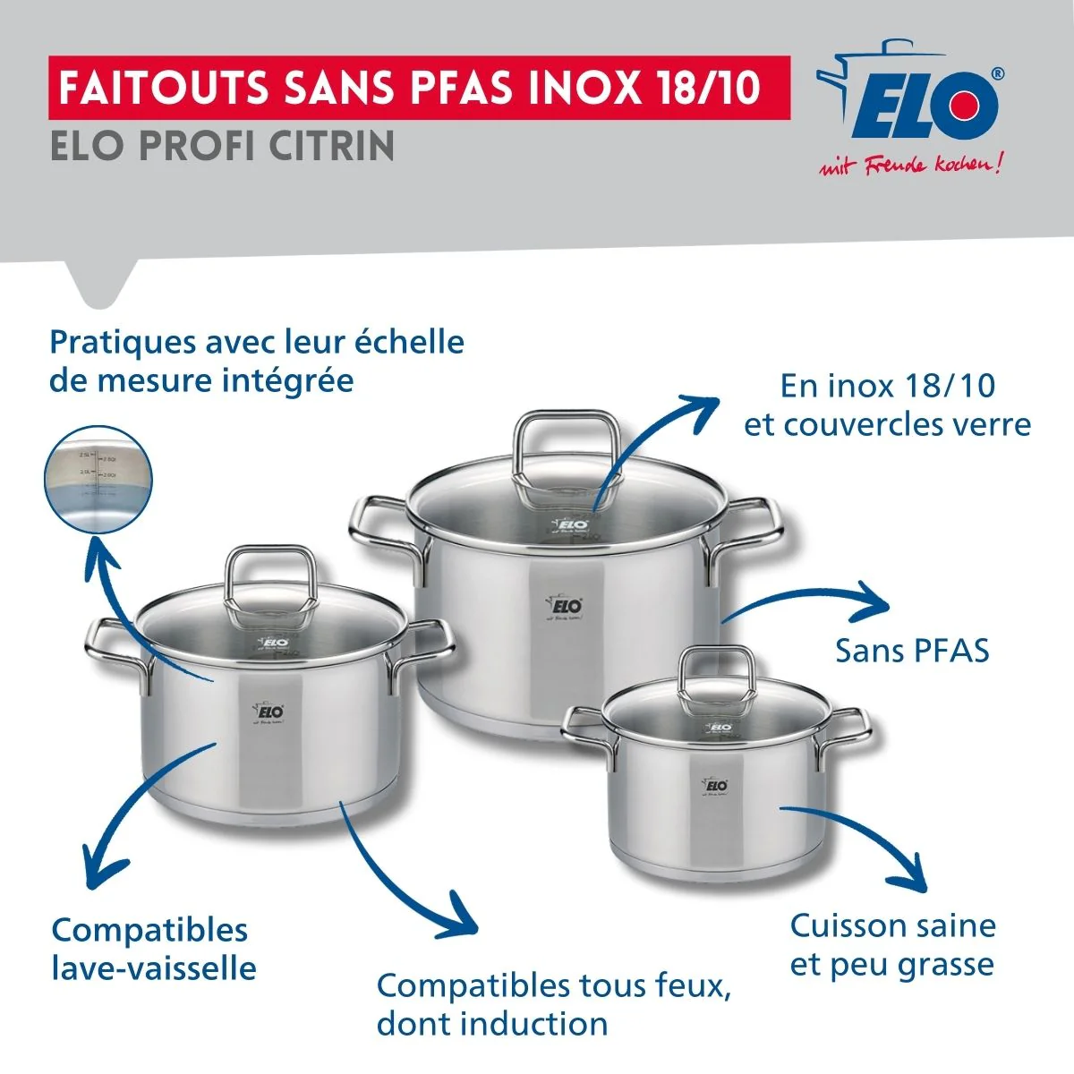Ensemble de 1 Poêle de cuisson 32 cm et 3 faitouts 12, 14 et 16 cm Elo Profi Citrin - Image 3