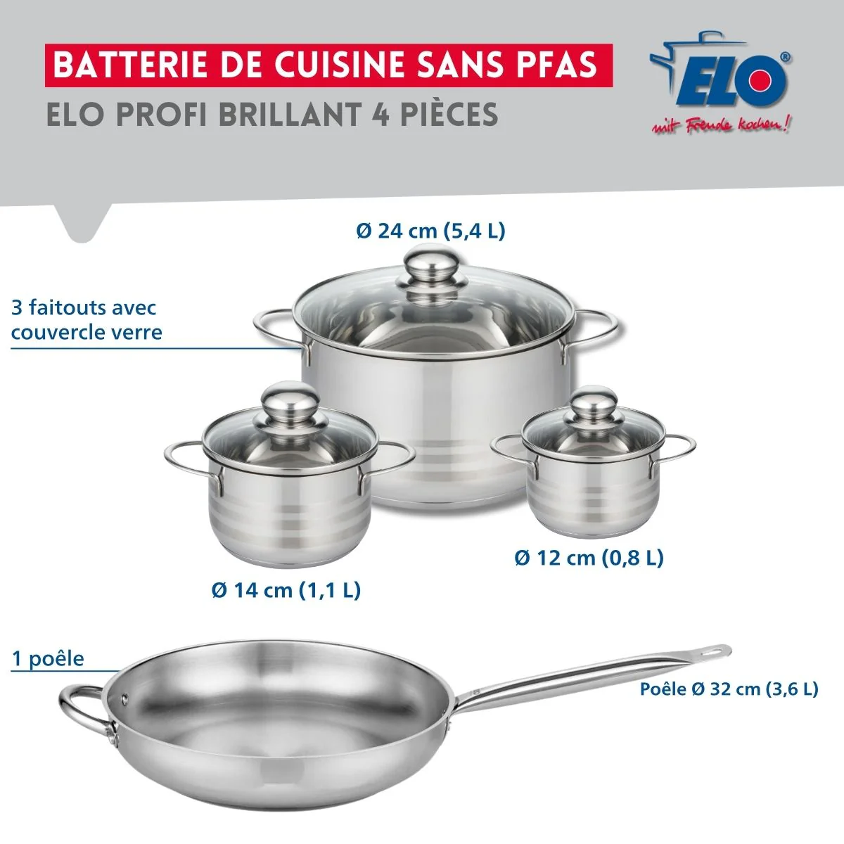 Ensemble de 1 Poêle de cuisson 32 cm et 3 faitouts 12, 14 et 24 cm Elo Profi Brillant - Image 2