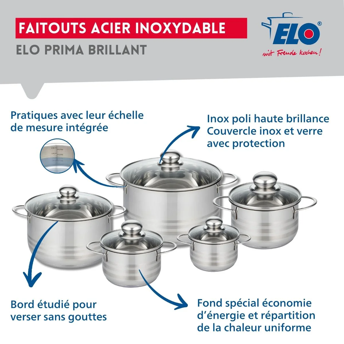Ensemble de 1 Poêle de cuisson 32 cm et 5 faitouts 12, 14, 16, 20 et 24 cm Elo Prima Brillant - Image 3