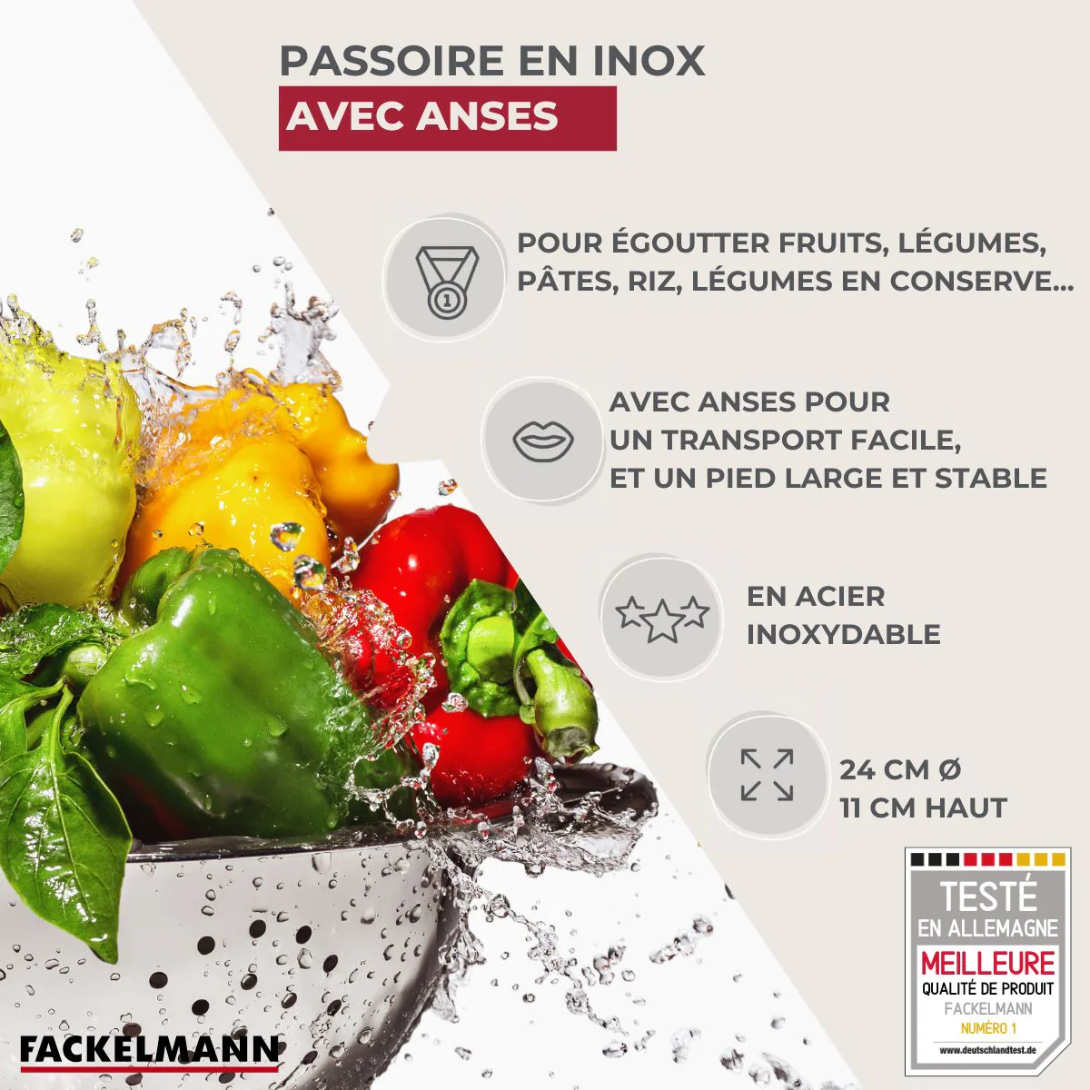 Ensemble de 2 Passoires inox 24 cm avec anses Fackelmann - Image 3