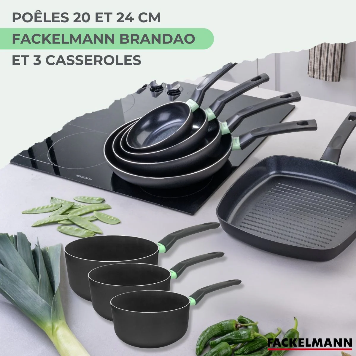 Ensemble de 2 poêles de 20 et 24 cm et 3 casseroles 16, 18 et 20 cm Fackelmann Brandao - Image 2