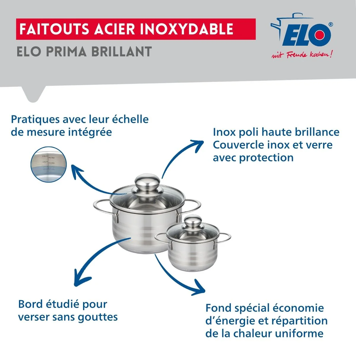Ensemble de 2 Poêles de cuisson 20 et 28 cm et 2 faitouts 12 et 16 cm Elo Prima Brillant - Image 3