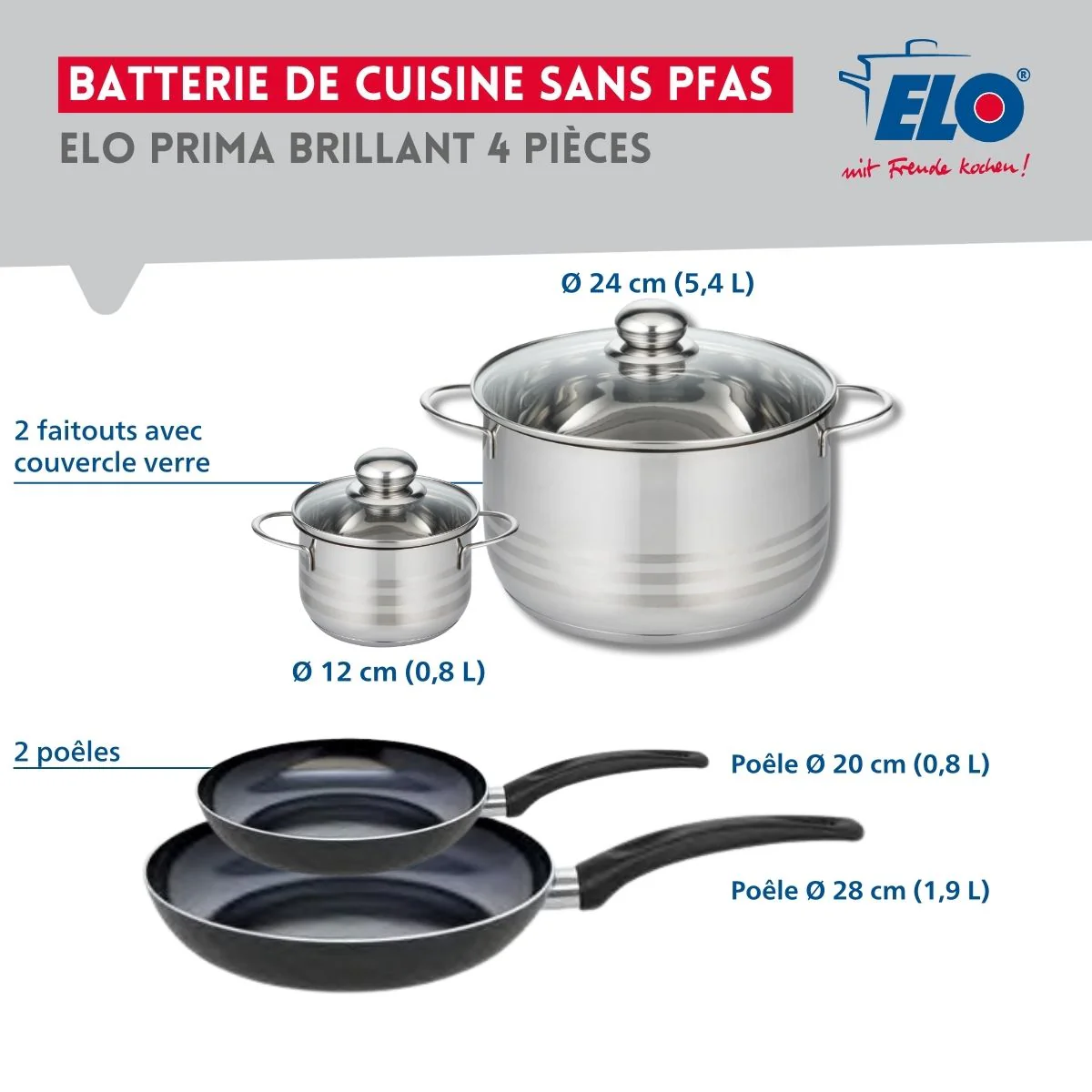 Ensemble de 2 Poêles de cuisson 20 et 28 cm et 2 faitouts 12 et 24 cm Elo Prima Brillant - Image 2