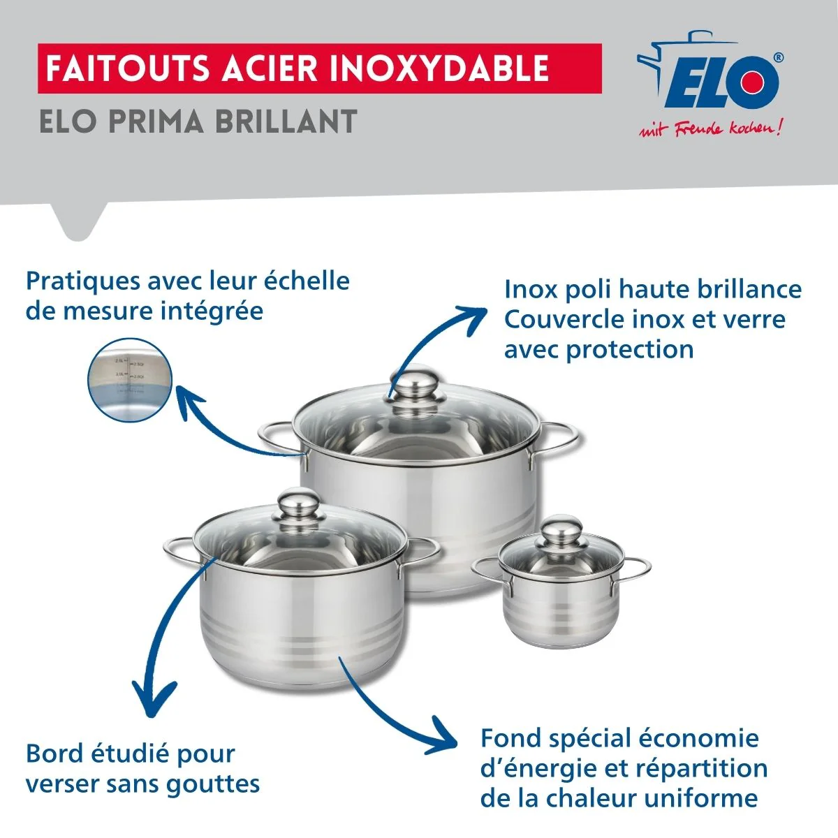 Ensemble de 2 Poêles de cuisson 20 et 28 cm et 3 faitouts 12, 20 et 24 cm Elo Prima Brillant - Image 3