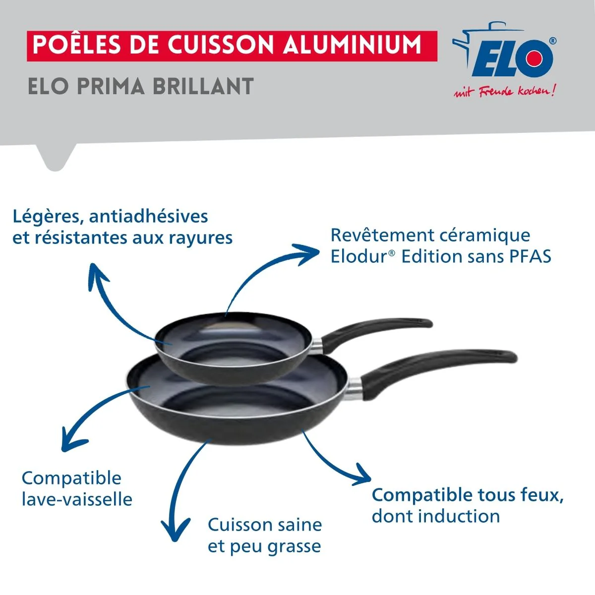 Ensemble de 2 Poêles de cuisson 20 et 28 cm et 3 faitouts 12, 20 et 24 cm Elo Prima Brillant - Image 4