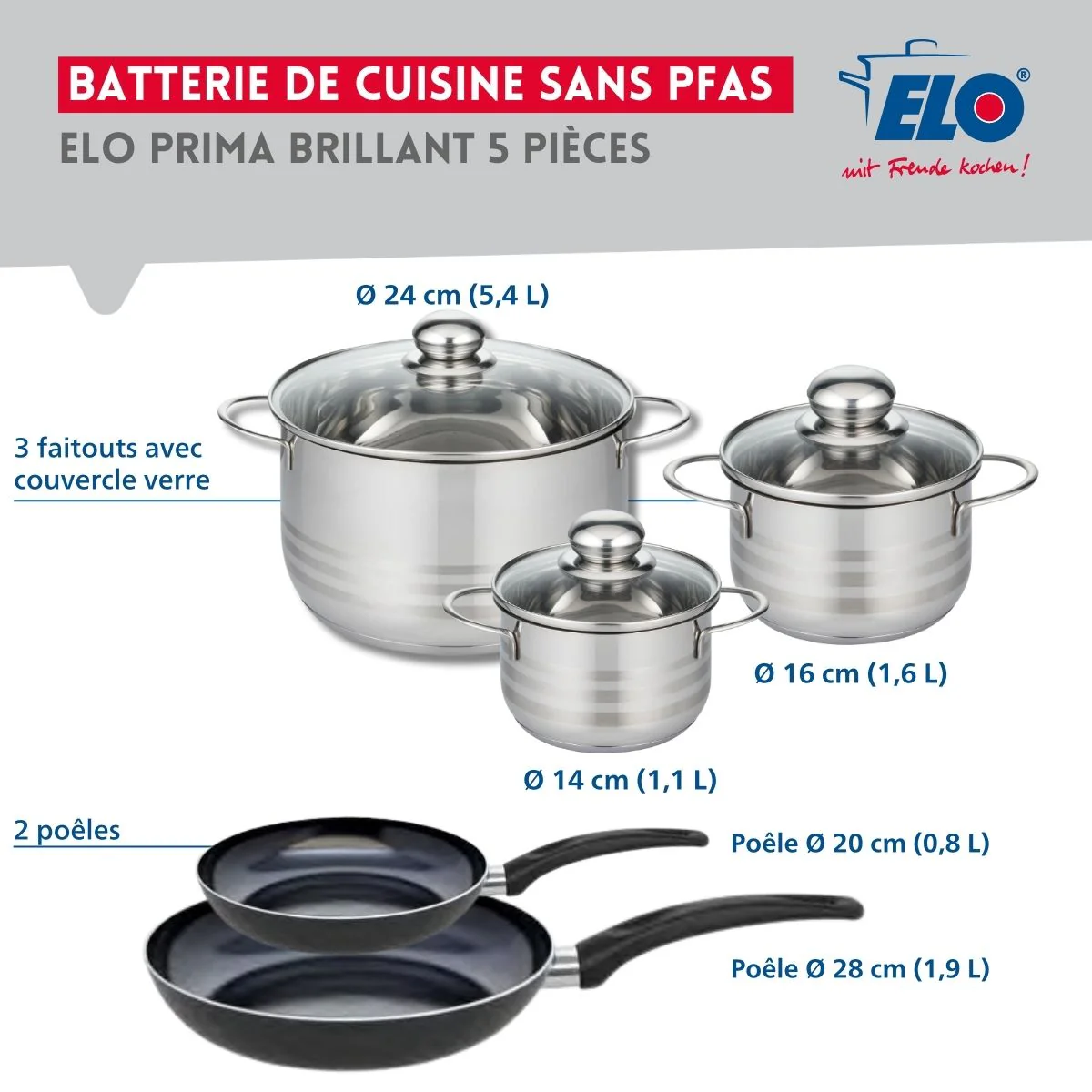 Ensemble de 2 Poêles de cuisson 20 et 28 cm et 3 faitouts 14, 16 et 24 cm Elo Prima Brillant - Image 2