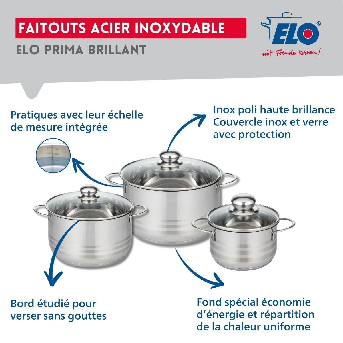 Ensemble de 2 Poêles de cuisson 20 et 28 cm et 3 faitouts 16, 20 et 24 cm Elo Prima Brillant - Image 3