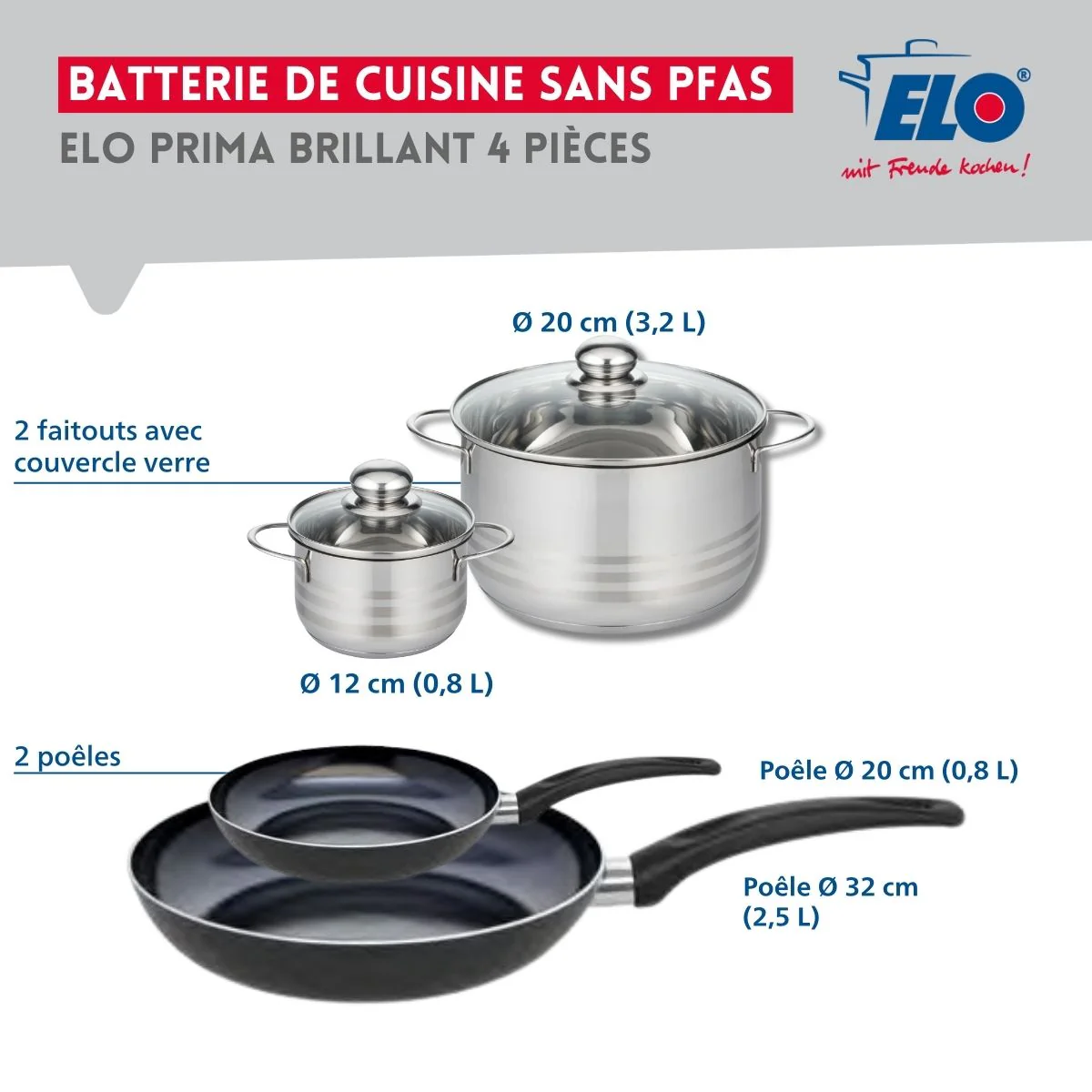 Ensemble de 2 Poêles de cuisson 20 et 32 cm et 2 faitouts 12 et 20 cm Elo Prima Brillant - Image 2