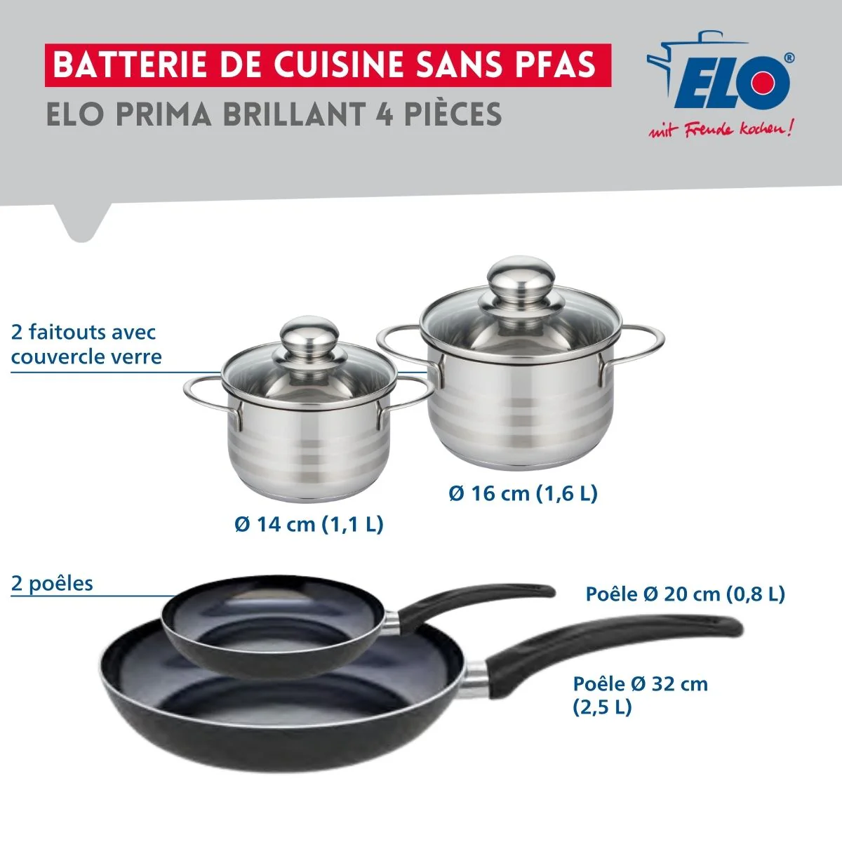 Ensemble de 2 Poêles de cuisson 20 et 32 cm et 2 faitouts 14 et 16 cm Elo Prima Brillant - Image 2