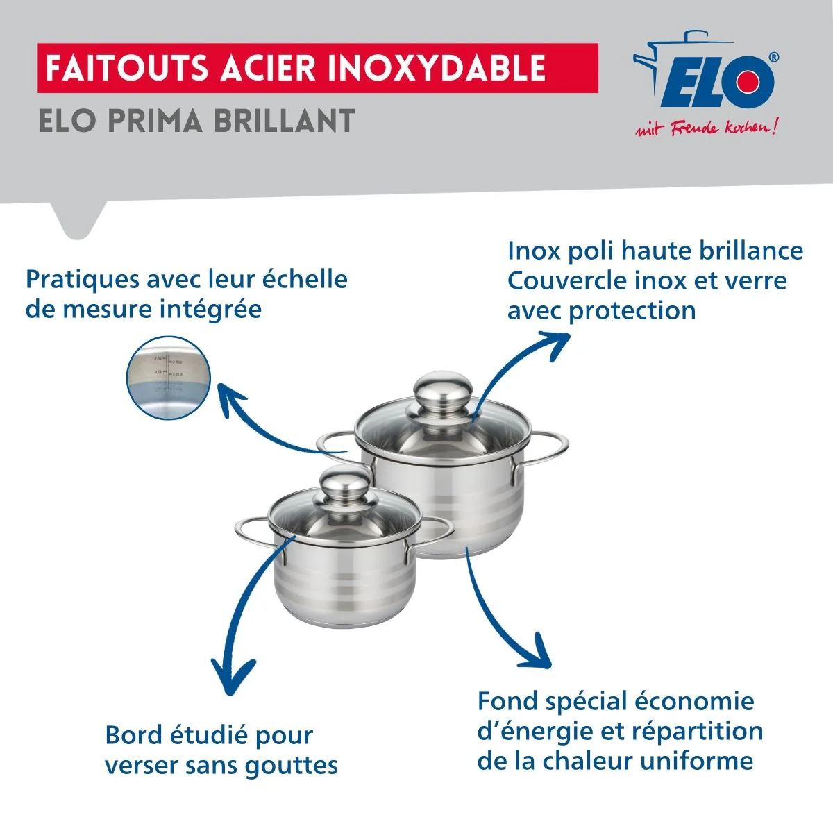 Ensemble de 2 Poêles de cuisson 20 et 32 cm et 2 faitouts 14 et 16 cm Elo Prima Brillant - Image 3