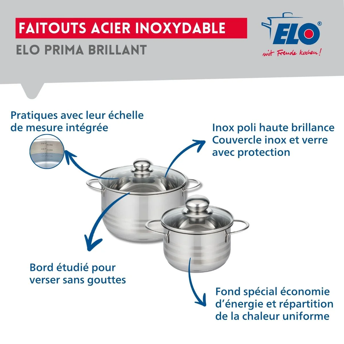Ensemble de 2 Poêles de cuisson 20 et 32 cm et 2 faitouts 14 et 20 cm Elo Prima Brillant - Image 3