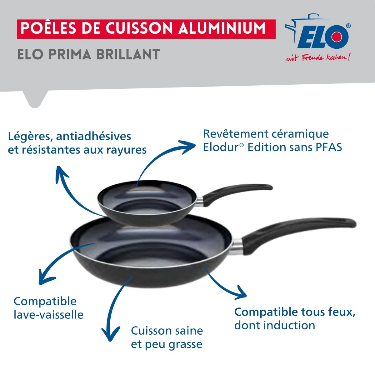 Ensemble de 2 Poêles de cuisson 20 et 32 cm et 2 faitouts 14 et 20 cm Elo Prima Brillant - Image 4