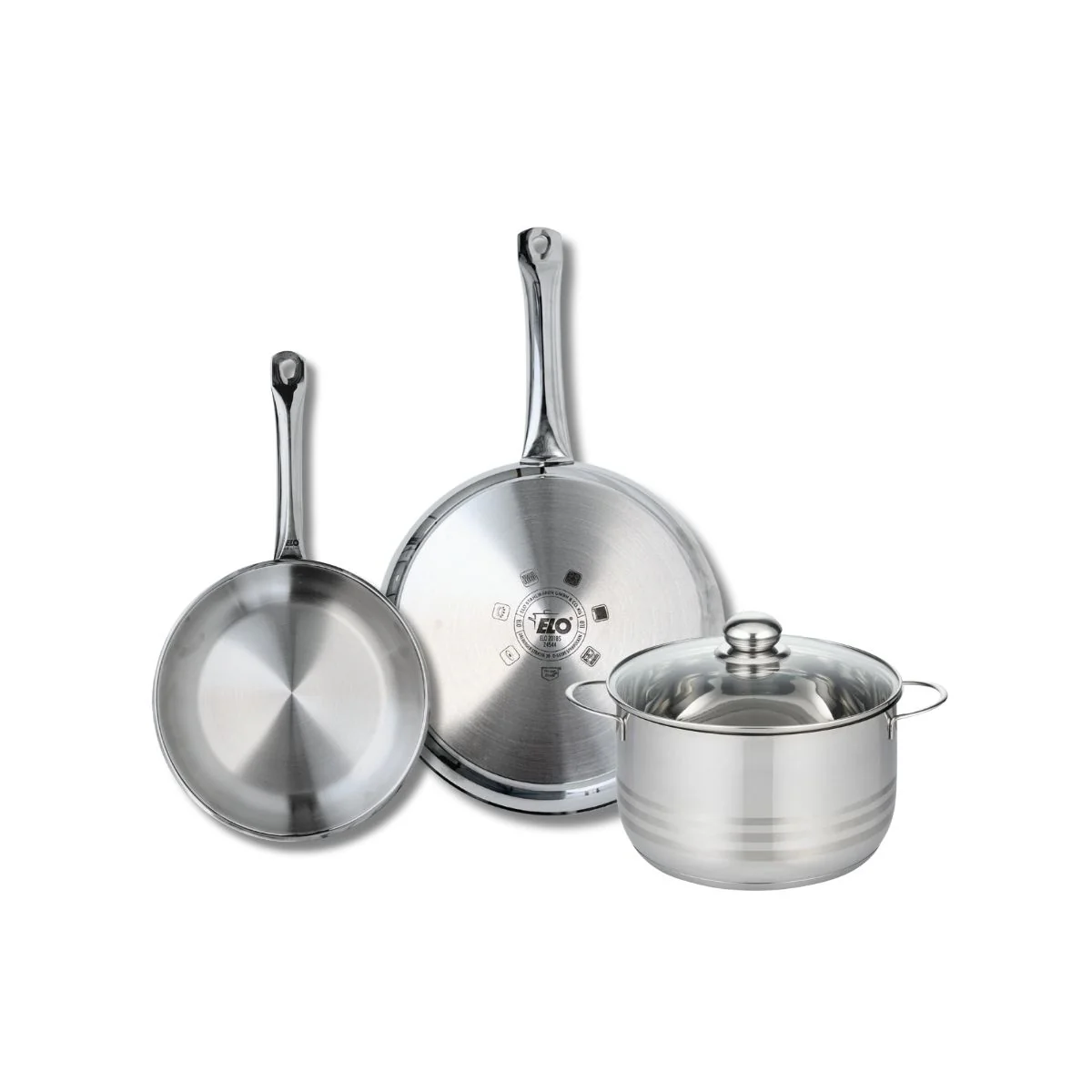 Ensemble de 2 Poêles de cuisson 24 et 28 cm et 1 faitout 20 cm Elo Profi Brillant