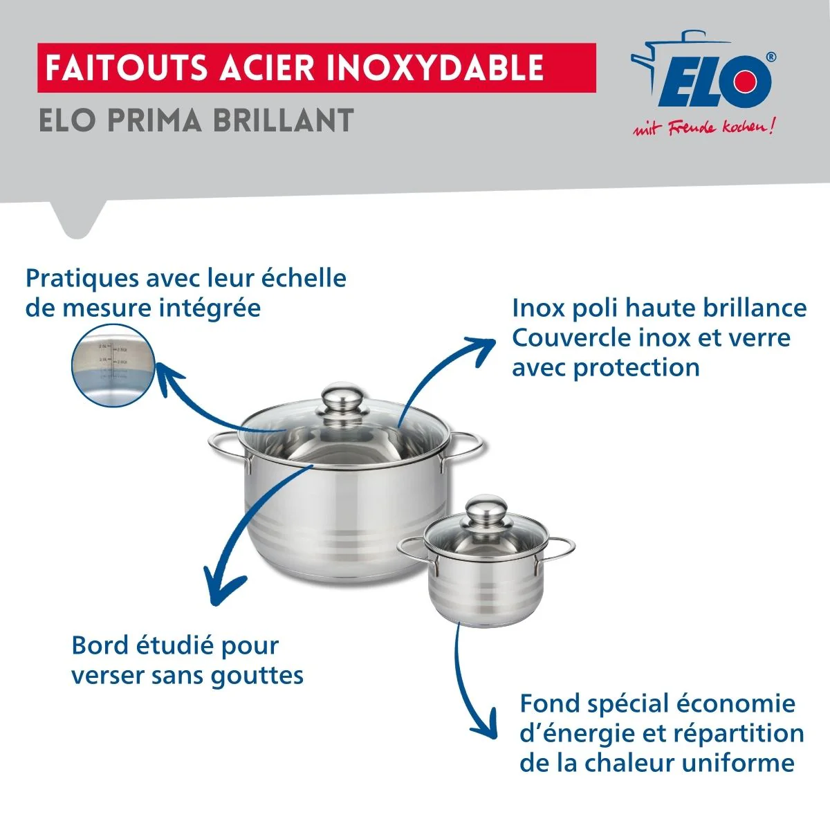 Ensemble de 2 Poêles de cuisson 24 et 28 cm et 2 faitouts 12 et 20 cm Elo Profi Brillant - Image 3