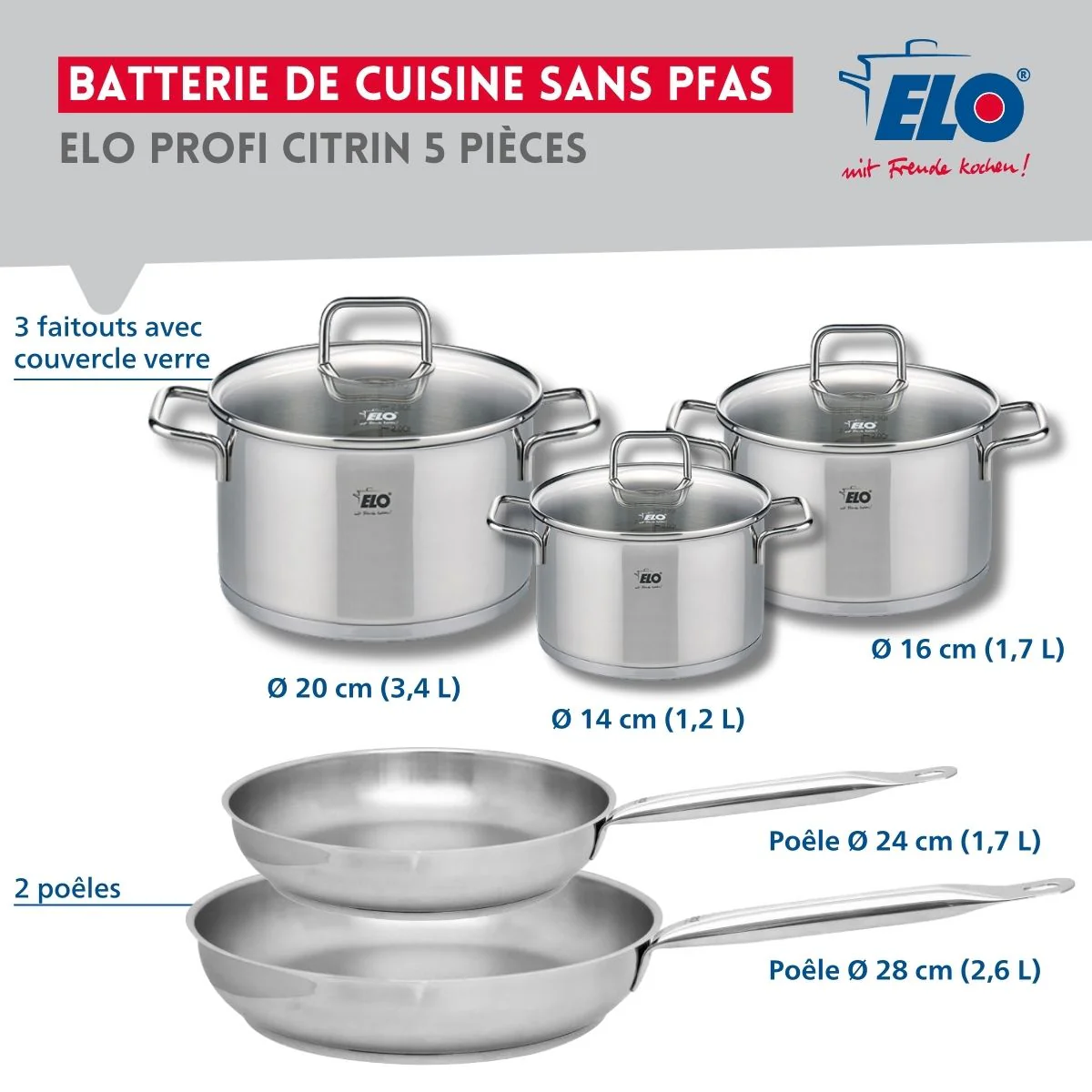 Ensemble de 2 Poêles de cuisson 24 et 28 cm et 3 faitouts 14, 16 et 20 cm Elo Profi Citrin - Image 2