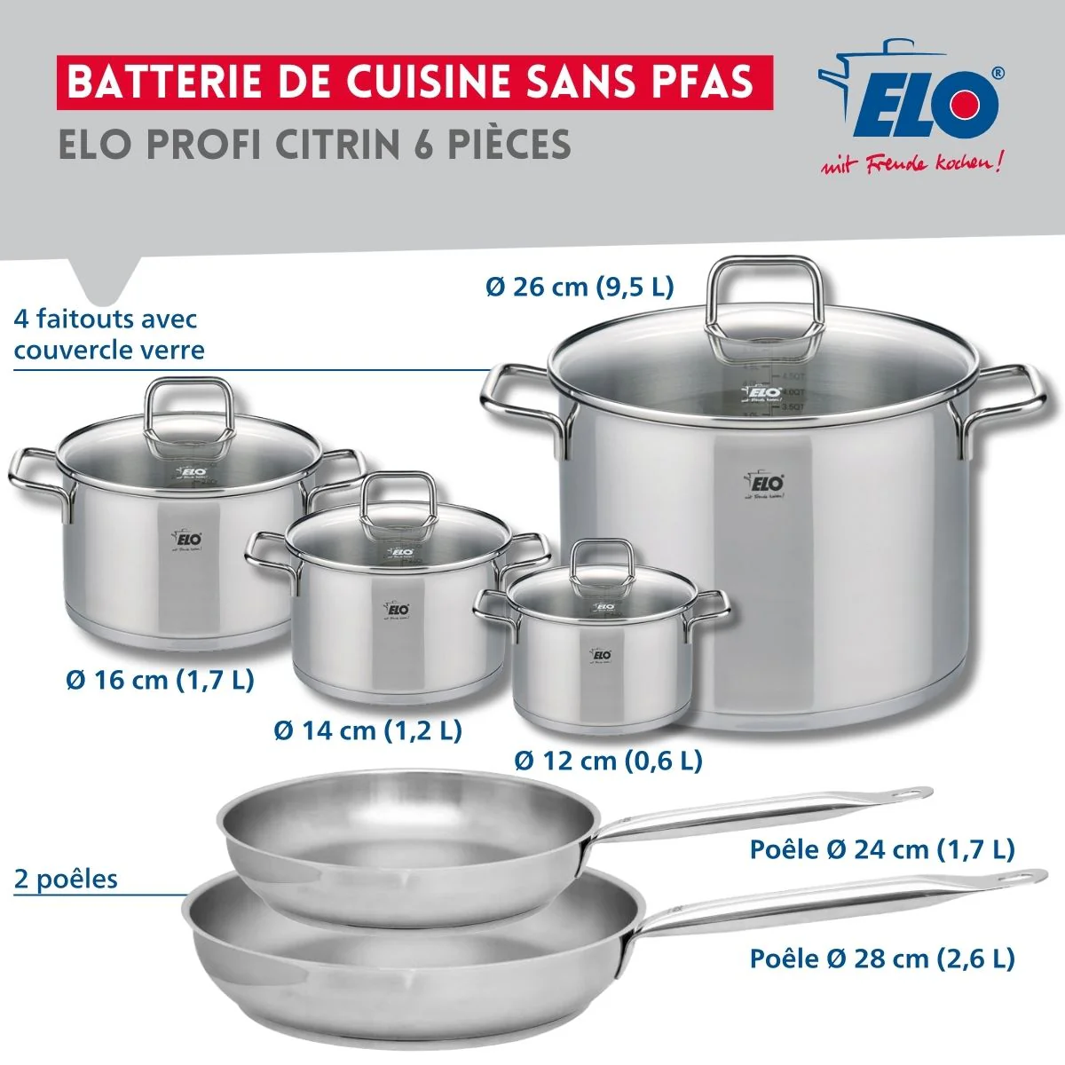 Ensemble de 2 Poêles de cuisson 24 et 28 cm et 4 faitouts 12, 14, 16 et 26 cm Elo Profi Citrin - Image 2