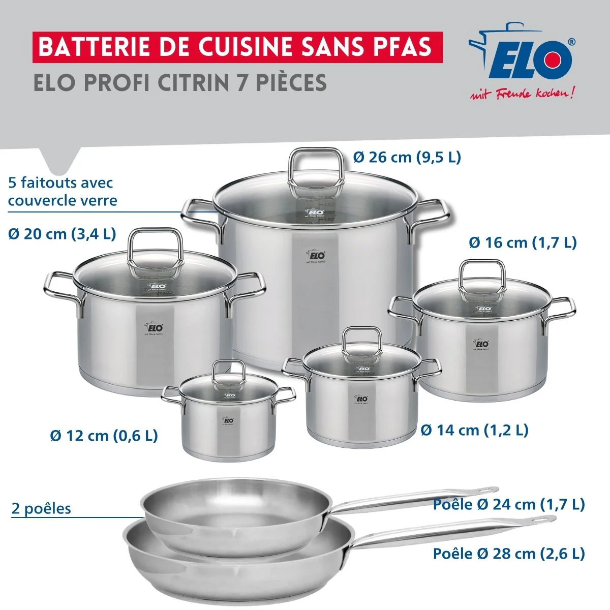 Ensemble de 2 Poêles de cuisson 24 et 28 cm et 5 faitouts 12, 14, 16, 20 et 26 cm Elo Profi Citrin - Image 2