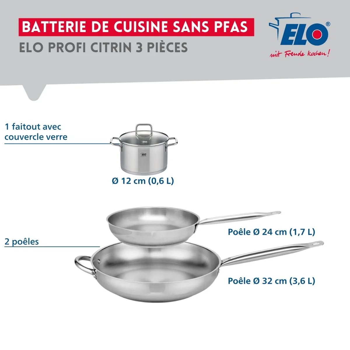 Ensemble de 2 Poêles de cuisson 24 et 32 cm et 1 faitout 12 cm Elo Profi Citrin - Image 2