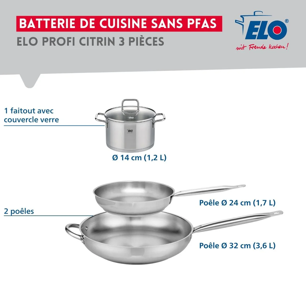 Ensemble de 2 Poêles de cuisson 24 et 32 cm et 1 faitout 14 cm Elo Profi Citrin - Image 2