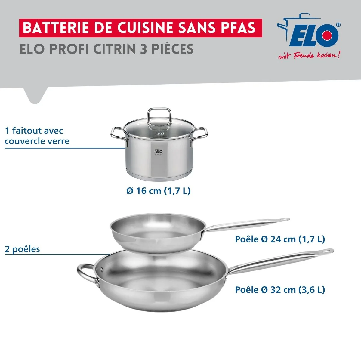 Ensemble de 2 Poêles de cuisson 24 et 32 cm et 1 faitout 16 cm Elo Profi Citrin - Image 2