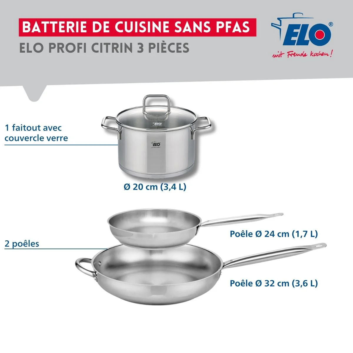 Ensemble de 2 Poêles de cuisson 24 et 32 cm et 1 faitout 20 cm Elo Profi Citrin - Image 2