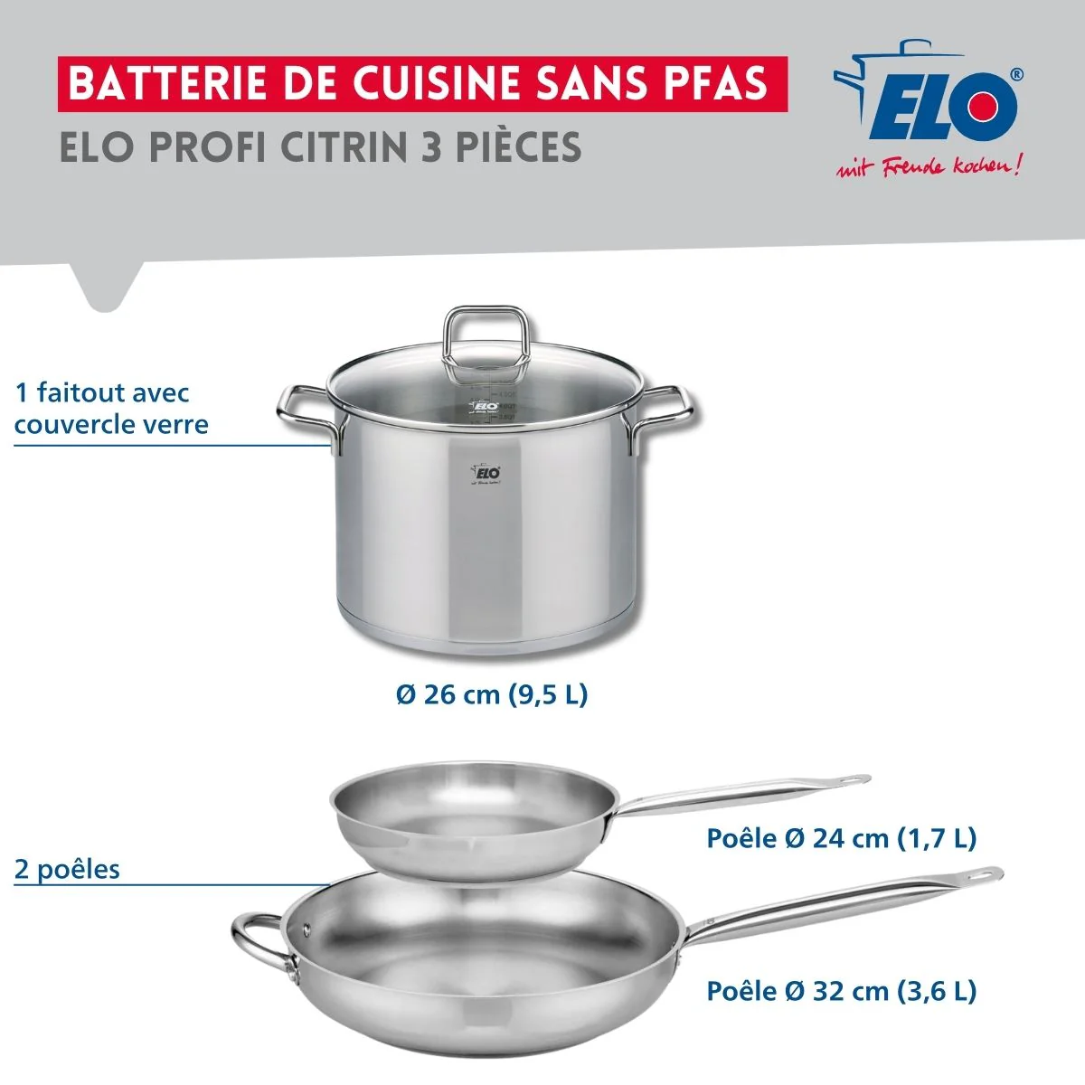 Ensemble de 2 Poêles de cuisson 24 et 32 cm et 1 faitout 26 cm Elo Profi Citrin - Image 2