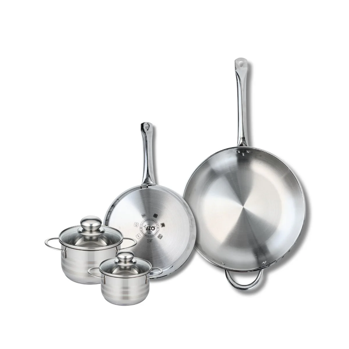 Ensemble de 2 Poêles de cuisson 24 et 32 cm et 2 faitouts 12 et 14 cm Elo Profi Brillant