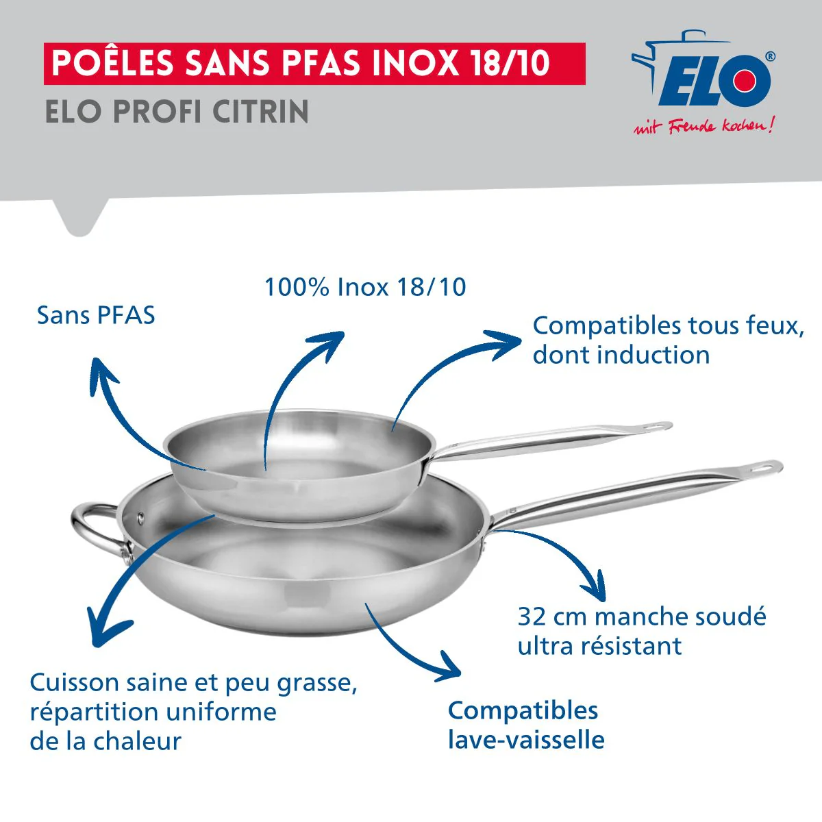 Ensemble de 2 Poêles de cuisson 24 et 32 cm et 2 faitouts 12 et 14 cm Elo Profi Brillant - Image 4