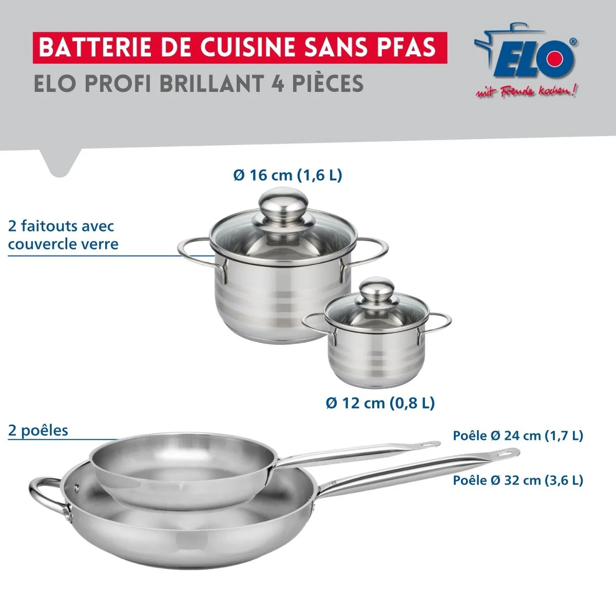 Ensemble de 2 Poêles de cuisson 24 et 32 cm et 2 faitouts 12 et 16 cm Elo Profi Brillant - Image 2