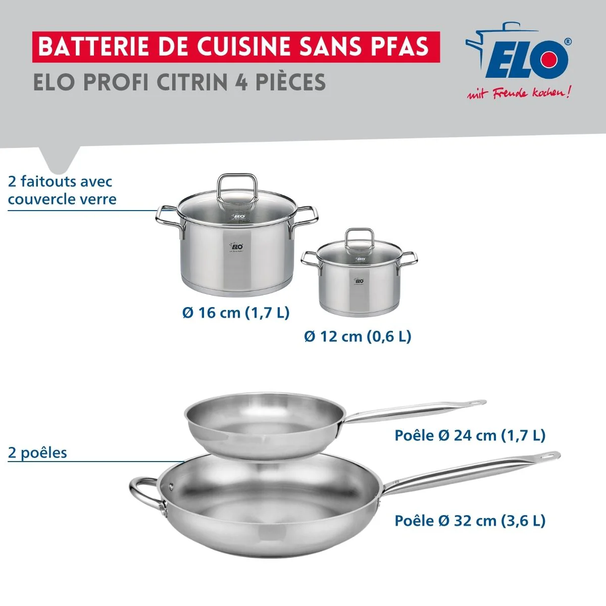 Ensemble de 2 Poêles de cuisson 24 et 32 cm et 2 faitouts 12 et 16 cm Elo Profi Citrin - Image 2