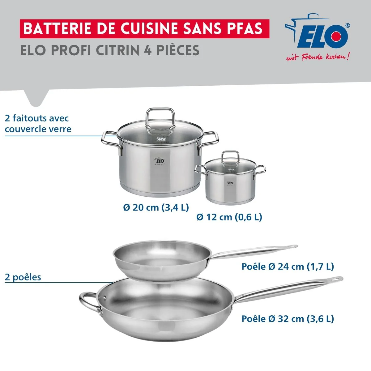 Ensemble de 2 Poêles de cuisson 24 et 32 cm et 2 faitouts 12 et 20 cm Elo Profi Citrin - Image 2