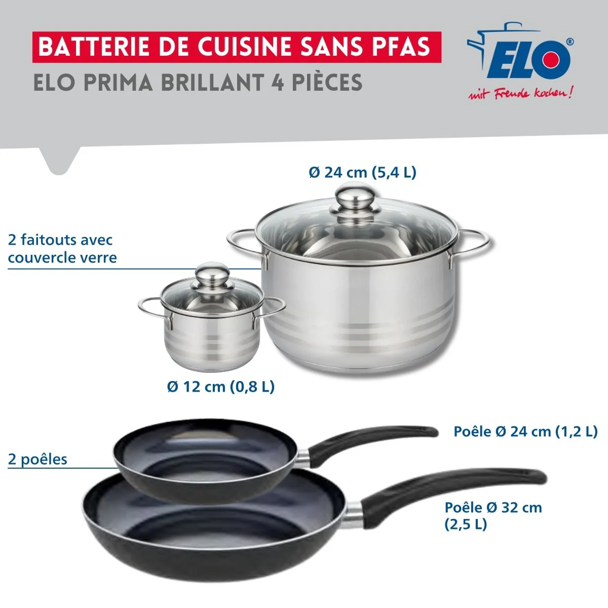 Ensemble de 2 Poêles de cuisson 24 et 32 cm et 2 faitouts 12 et 24 cm Elo Prima Brillant - Image 2