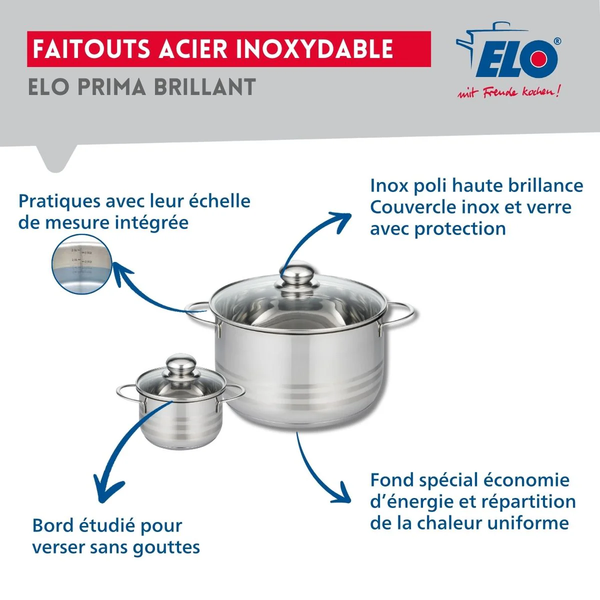 Ensemble de 2 Poêles de cuisson 24 et 32 cm et 2 faitouts 12 et 24 cm Elo Profi Brillant - Image 3
