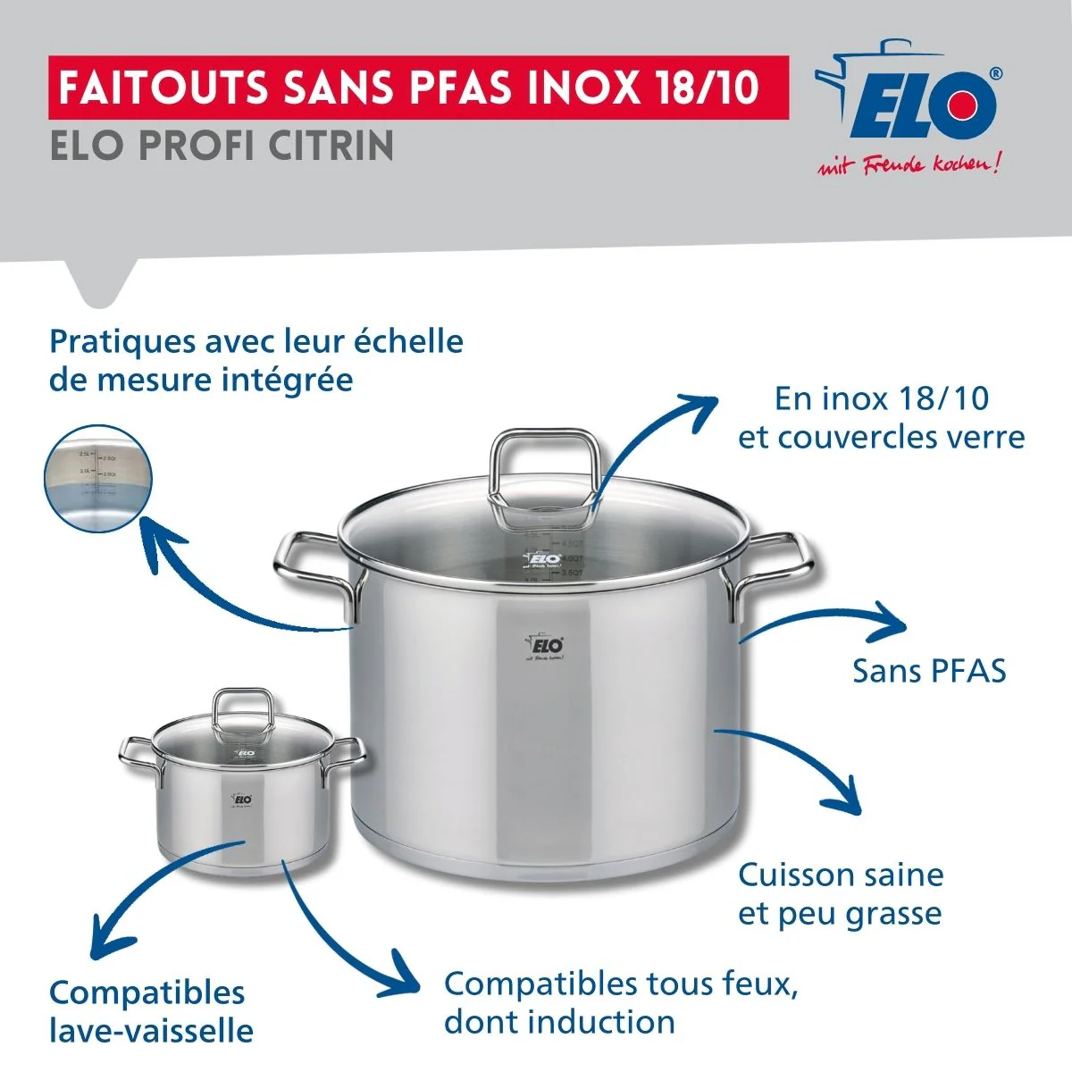 Ensemble de 2 Poêles de cuisson 24 et 32 cm et 2 faitouts 12 et 26 cm Elo Profi Citrin - Image 3