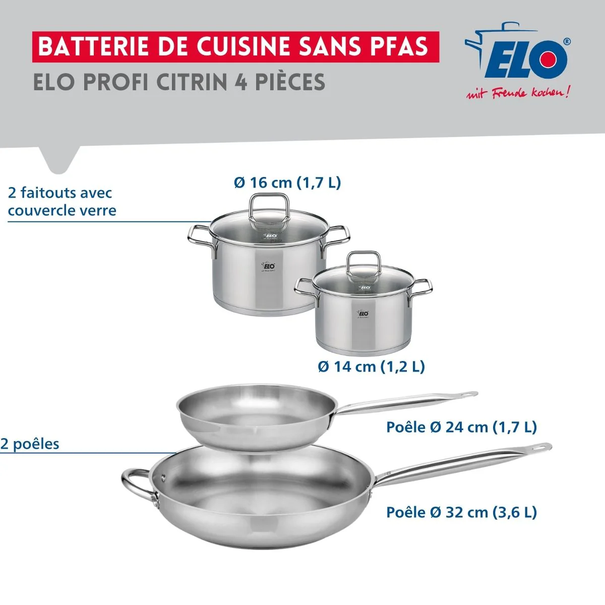 Ensemble de 2 Poêles de cuisson 24 et 32 cm et 2 faitouts 14 et 16 cm Elo Profi Citrin - Image 2