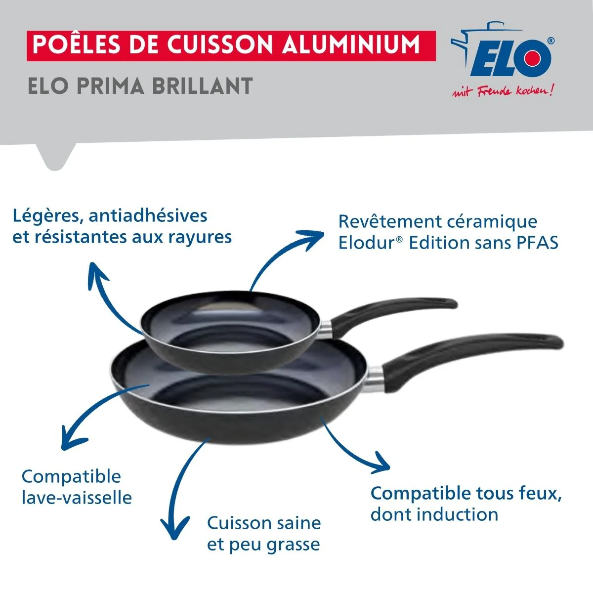 Ensemble de 2 Poêles de cuisson 24 et 32 cm et 2 faitouts 14 et 20 cm Elo Prima Brillant - Image 4