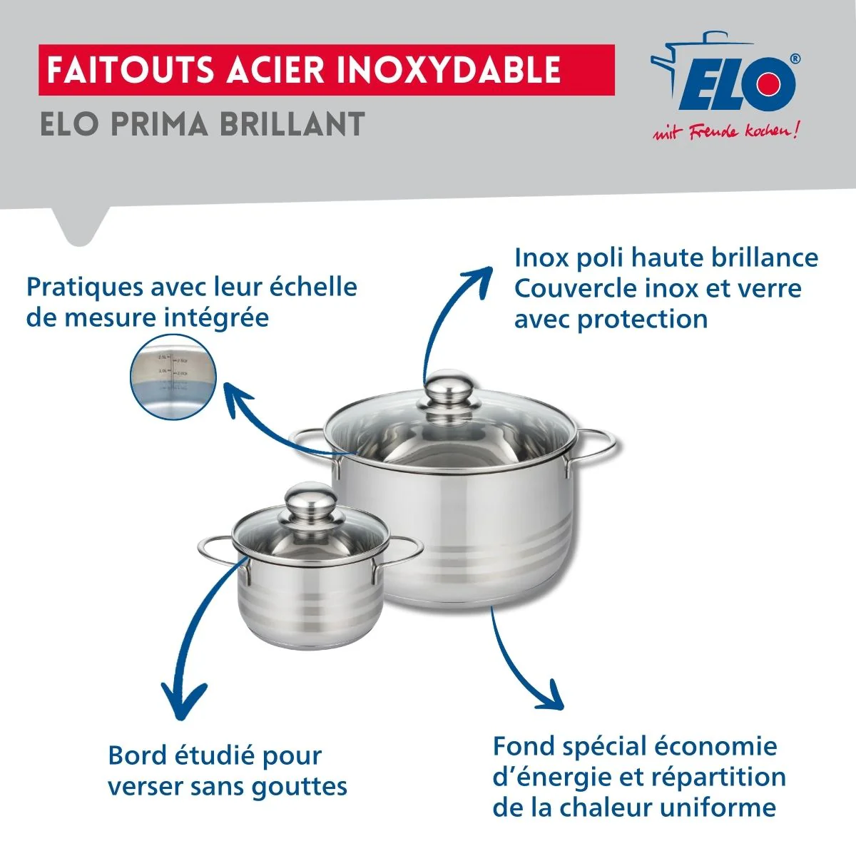 Ensemble de 2 Poêles de cuisson 24 et 32 cm et 2 faitouts 14 et 24 cm Elo Prima Brillant - Image 3
