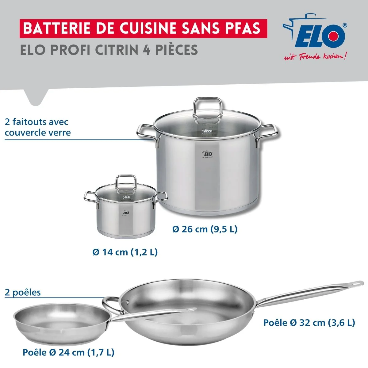 Ensemble de 2 Poêles de cuisson 24 et 32 cm et 2 faitouts 14 et 26 cm Elo Profi Citrin - Image 2