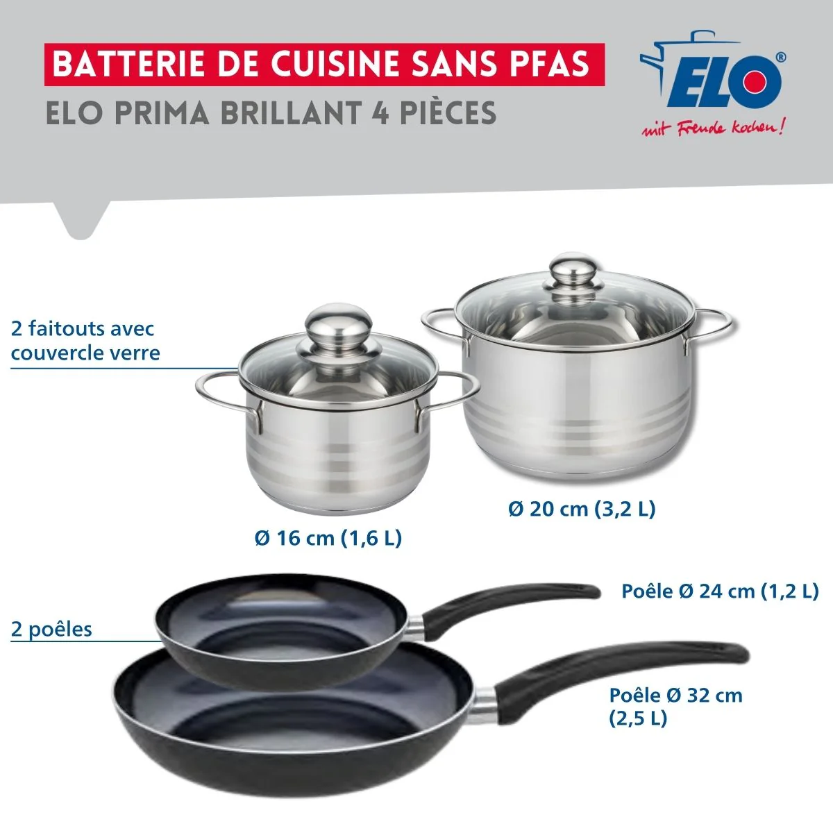 Ensemble de 2 Poêles de cuisson 24 et 32 cm et 2 faitouts 16 et 20 cm Elo Prima Brillant - Image 2