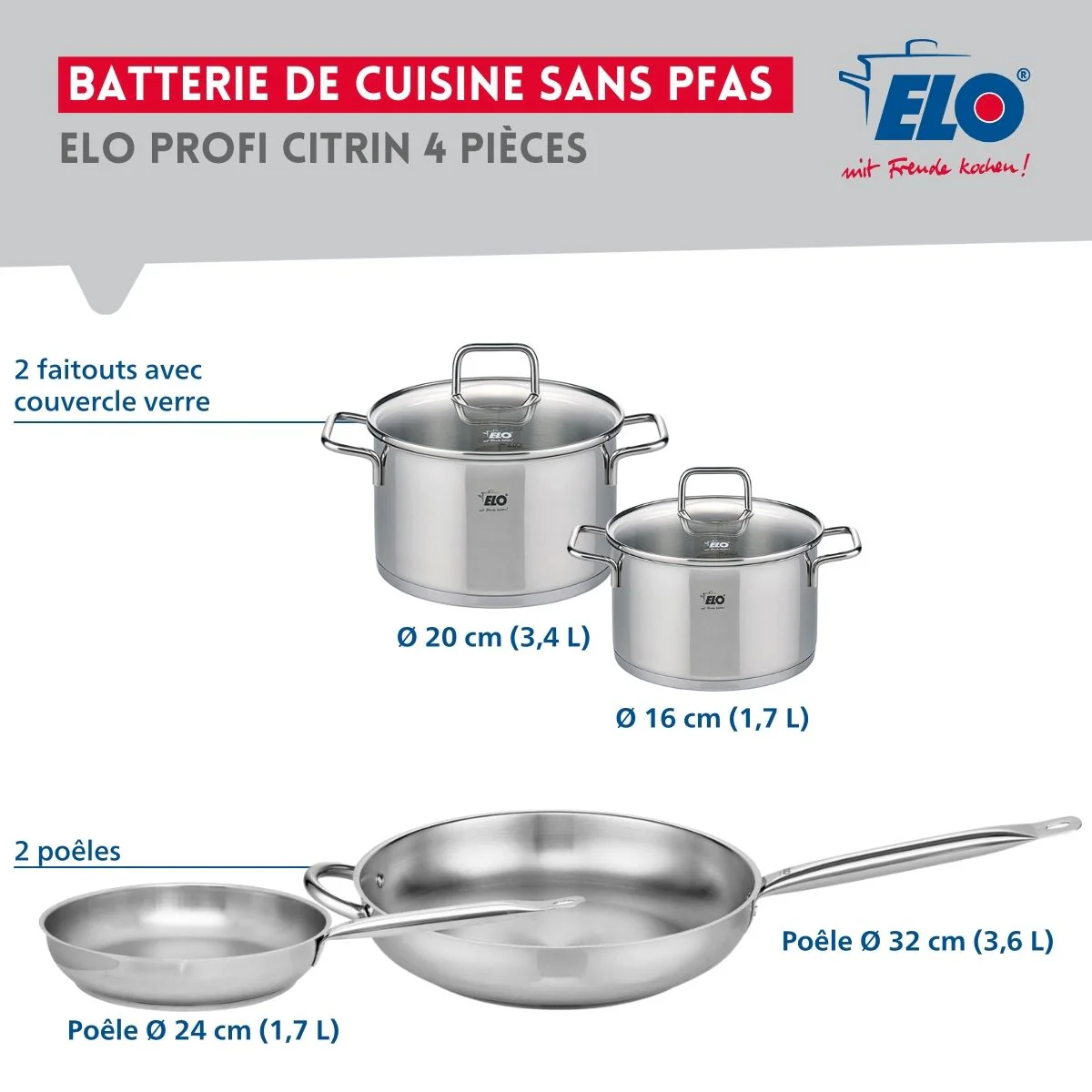 Ensemble de 2 Poêles de cuisson 24 et 32 cm et 2 faitouts 16 et 20 cm Elo Profi Citrin - Image 2