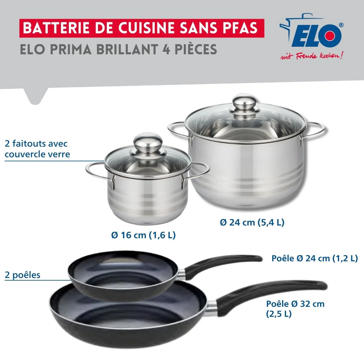Ensemble de 2 Poêles de cuisson 24 et 32 cm et 2 faitouts 16 et 24 cm Elo Prima Brillant - Image 2